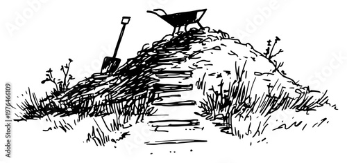 Dirt mound with shovel and wheelbarrow at construction site in hand drawn sketch style