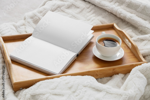 Tray with cup of coffee and...