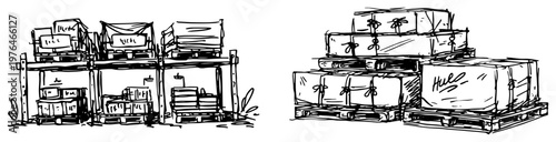 Warehouse storage shelves and wooden pallets with cargo boxes in hand drawn sketch style