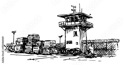 Airport control tower with cargo crates and chain link fence sketch illustration