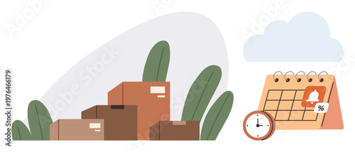 Logistics, e-commerce, delivery services, business planning, online shopping, time management. Stacked boxes, calendar with alert and clock. Logistics and e-commerce concept