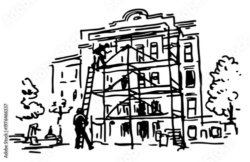 Residential house renovation project with scaffolding and construction workers hand drawn sketch