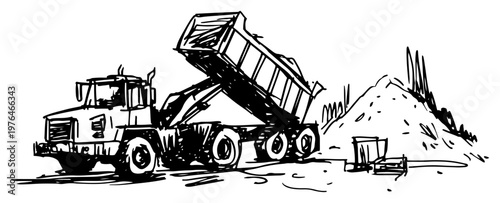 Dump truck unloading sand on construction site in hand drawn sketch style