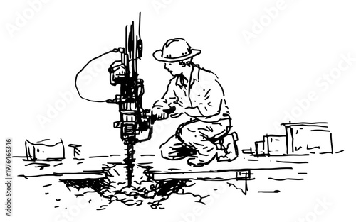Construction worker using heavy pneumatic jackhammer to drill ground hand drawn sketch