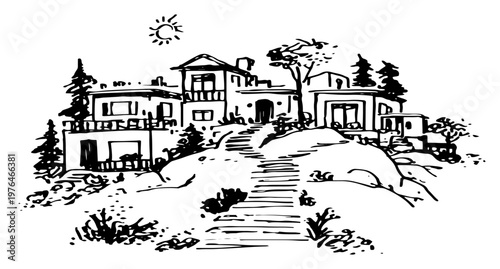 Luxury mansion villa on a hill with garden in hand drawn sketch style