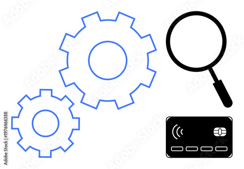 Financial technology with gears, magnifying glass, and a contactless credit card. Fintech innovation drives secure transactions and technology evolution. Perfect for fintech, security, innovation
