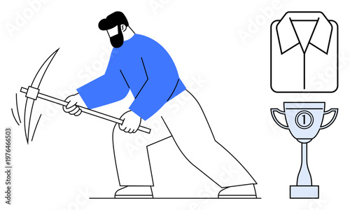Mining concept. A man energetically using a pickaxe mining and hard work. Mining as a metaphor for effort. Applicable to productivity, dedication, success, rewards, industry
