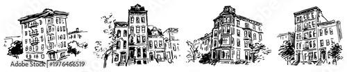 Townhouse building and classic apartment house facade set sketch illustration