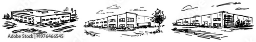 Industrial warehouse and commercial building exterior set sketch illustration