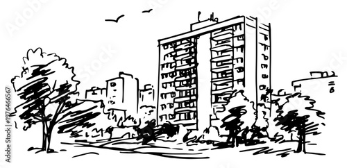 Apartment building and high rise block in city park sketch illustration