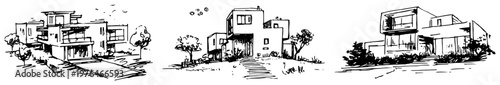 Modern villas and luxury residential houses in hand drawn sketch style