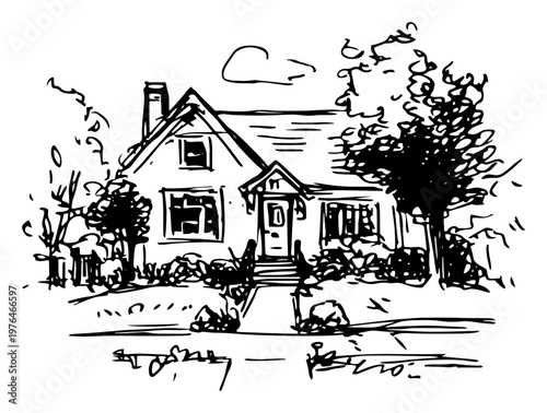 Suburban house and family home with garden sketch illustration