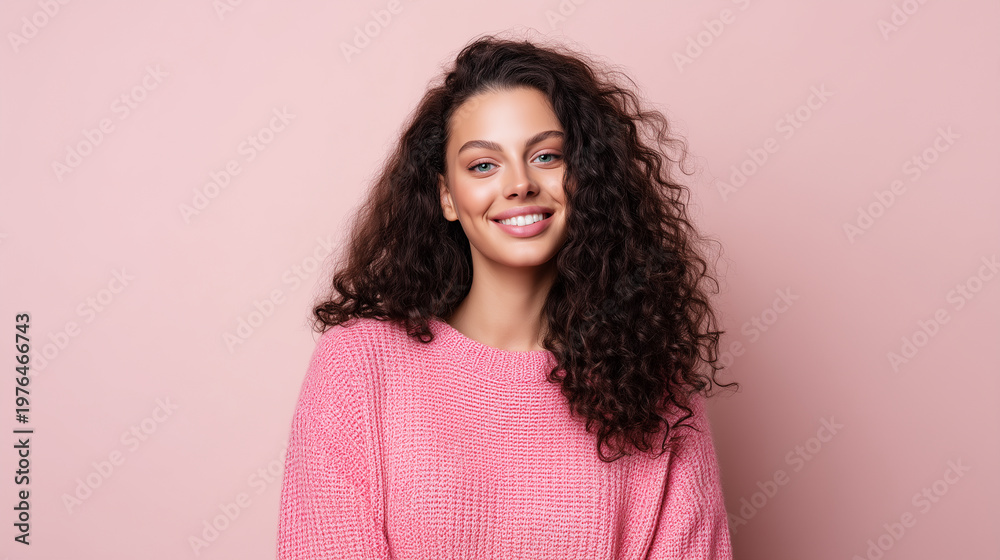 Fototapeta premium Smiling Young Woman in Pink Sweater on Pastel Background, Natural Beauty Portrait, Happy Female Face, Casual Fashion, Studio Lifestyle, Positive Mood portrait of a smiling young wo