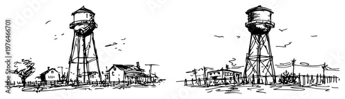 Industrial water towers in landscape with rural utility infrastructure hand drawn sketch