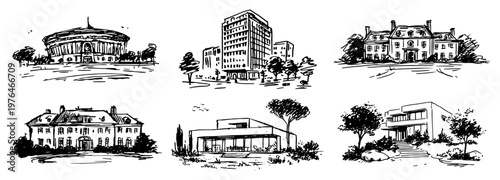 Diverse architectural building styles including mansions and modern villas hand drawn sketch
