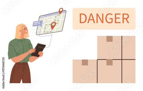 Logistics, e-commerce, risk management, delivery monitoring, shipping safety, supply chain. Woman holding tablet with digital map. Logistics and risk management concept