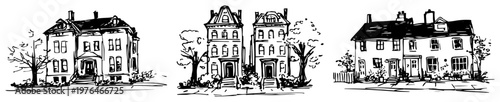 Traditional residential houses on suburban street with classic architecture hand drawn sketch