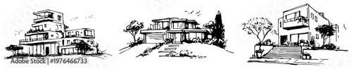 Modern luxury villas with contemporary minimalist architectural design hand drawn sketch