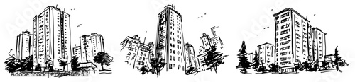 Modern city apartment buildings and urban skyscrapers in a hand drawn sketch style