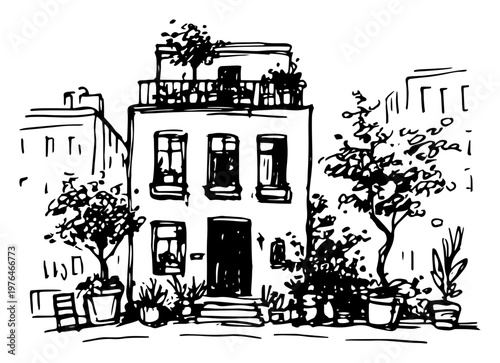 Cozy two story house featuring balcony gardens and potted plants in a hand drawn sketch style