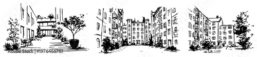 Modern residential apartment courtyard and urban street views in a hand drawn sketch style