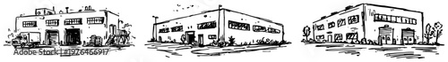 Industrial warehouse and commercial building exterior set sketch illustration