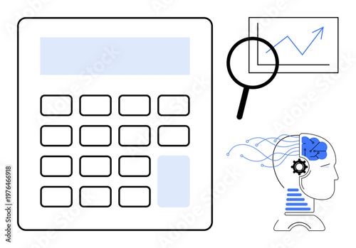 Data analytics, artificial intelligence, financial forecasting, business strategies, technology, research. Calculator, magnifying glass human head with circuits. Data analytics and artificial