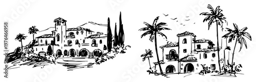 Mediterranean villa and luxury house with palm trees sketch illustration