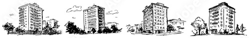 Apartment blocks and residential tower buildings set sketch illustration