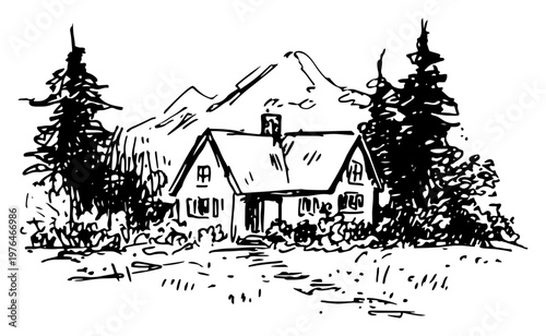 Mountain cabin and house in pine forest sketch illustration