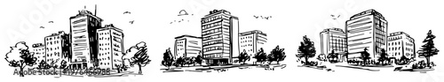 Modern office buildings and urban apartment towers sketch illustration