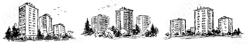 Residential apartment blocks and high rise tower complexes sketch illustration
