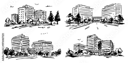 Modern office campus and commercial business center buildings sketch illustration