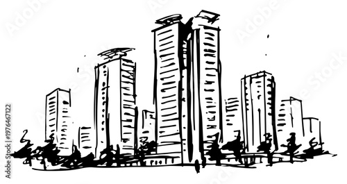 Modern skyscraper towers and dense urban city skyline sketch illustration