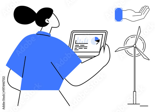 Renewable energy, sustainability, technology, data analysis, environmental conservation, business strategy. Woman holding tablet with a pie chart. Renewable energy and sustainability concept