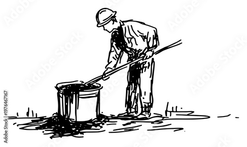 Construction worker mixing material in bucket with long tool in hand drawn sketch style