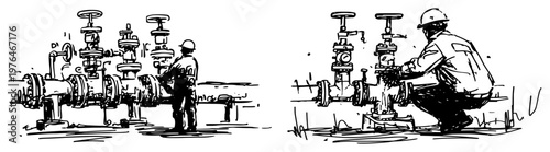 Technicians inspecting industrial pipes and valves at facility in hand drawn sketch style