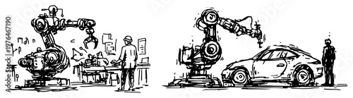 Industrial robot arms assembling car on automotive production line in hand drawn sketch style