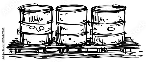 Metal barrels and oil drums placed on a wooden pallet in a hand drawn sketch style