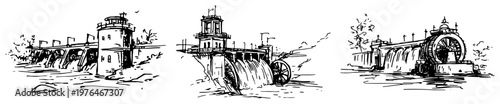 Hydroelectric dam infrastructure and water barriers in a hand drawn sketch style