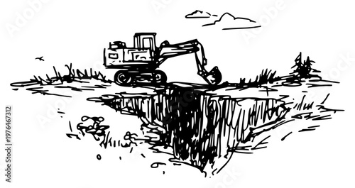 Excavator machine digging a deep trench in the ground in a hand drawn sketch style