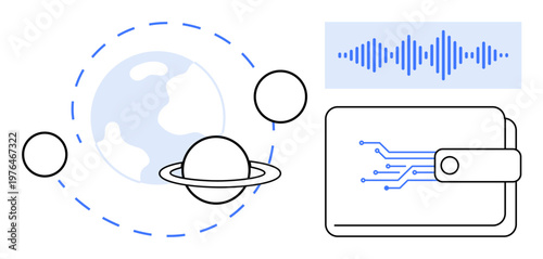 Blockchain wallet. Blockchain wallet data security and digital transactions. Blockchain wallet links technology, space exploration, and sound waves for modern innovation. For fintech, AI