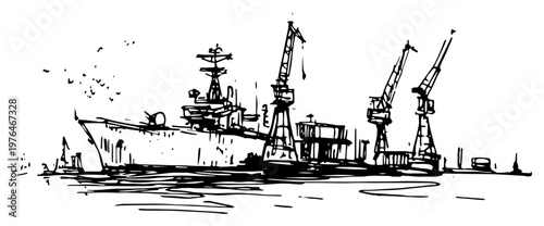 Ship and industrial harbor cranes in port in hand drawn sketch style