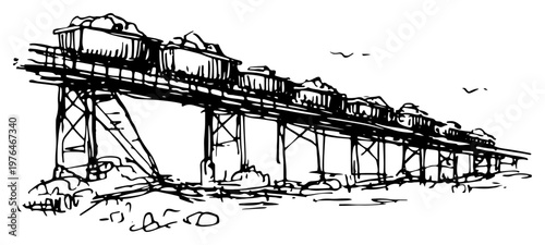 Industrial conveyor bridge for coal transport in hand drawn sketch style