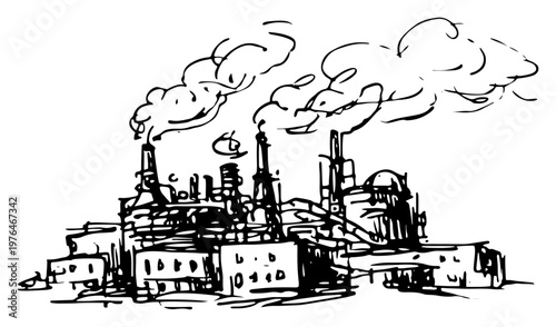 Industrial factory with smoking chimneys and buildings in hand drawn sketch style