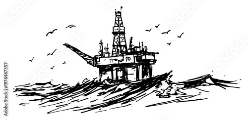 Oil rig offshore platform in the ocean waves in hand drawn sketch style
