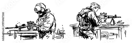 Tactical soldiers with rifles and military equipment in hand drawn sketch style