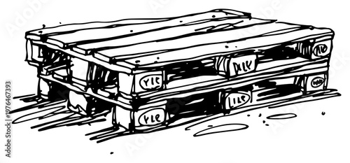 Stack of wooden pallets for shipping and warehouse storage in hand drawn sketch style