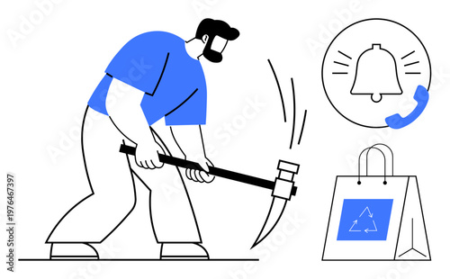 Labor, recycling, notifications, e-commerce, environmental sustainability, call alerts. A man using a pickaxe, a recycling bag with a triangle icon and a notification bell with a phone icon. Labor