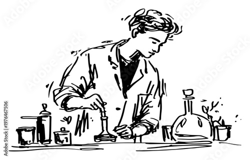Scientist in lab coat working with chemical flasks in laboratory hand drawn sketch